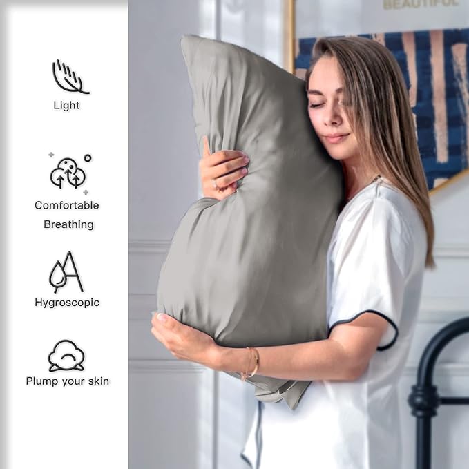 Mulberry Silk Pillowcase for Hair and Skin Pillow Case with Hidden Zipper Soft Breathable Smooth Cooling Silk Pillow Covers for Sleeping (Gray, King（20"X 36"）)