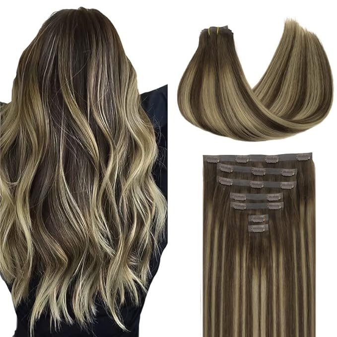GOO GOO Clip in Hair Extensions Real Human Hair, Remy Human Hair Extensions Clip ins for Women, Natural Human Hair, 16inch 110g 7Pcs, 4/26/4 Balayage Chocolate Brown to Honey Blonde