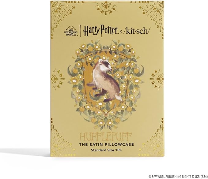 Kitsch x Harry Potter Hufflepuff Satin Pillowcase with Zipper – Double-Sided Crest Design – Better Than Silk Pillowcase – Perfect for Kids Rooms & Toddler Bed Time Pillow Case –Queen/Standard 19x26