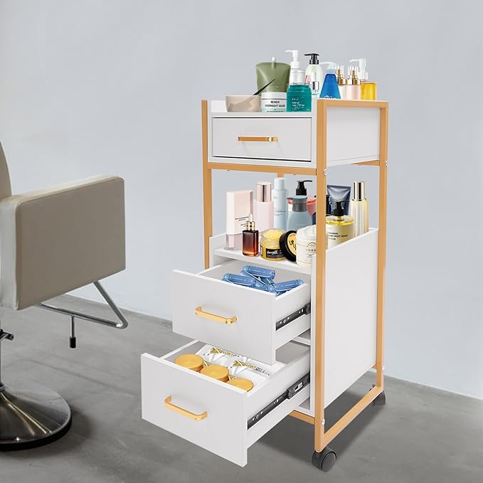 Salon Trolley with Wheels, 3 Drawers Salon Cart with Hair Dryer Holder Utility Salons Cabinet for Tools Storage at Barbershop Beauty Salons Tattoo Shop (White)