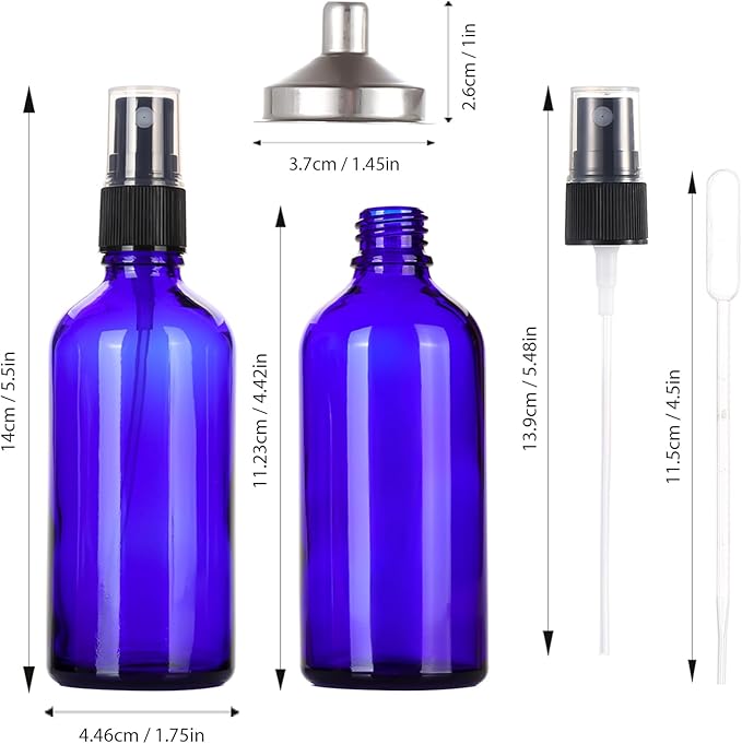 3.4 oz Glass Blue Spray Bottles,Small Empty Fine Mist Refillable Travel Spray Bottle for Cleaning,Perfume,Aromatherapy,Cosmetic Sprays,Hair,Essential Oils with Fine Mist Dispenser（3 Pack）