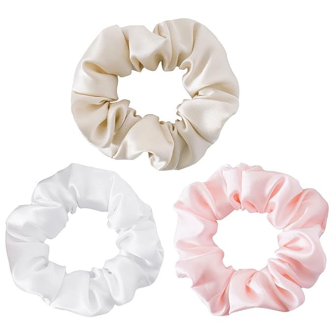 Mulberry Silk Hair Ties - Frizz Prevention, Sleep Accessories for Women (Beige, White, Pink, 3-Pack)