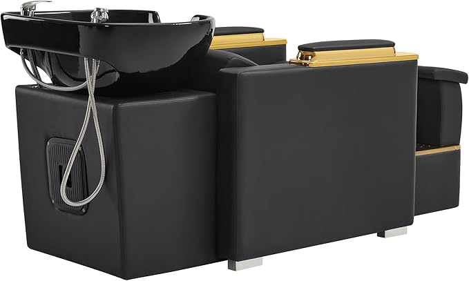 BarberPub Backwash Shampoo Station Chair with Porcelain Ceramic Hair Wash Bowl, Vacuum Breaker, Professional Black&Gold Shampoo Chair and Bowl Unit for Salon and Spa 8613 (Black)