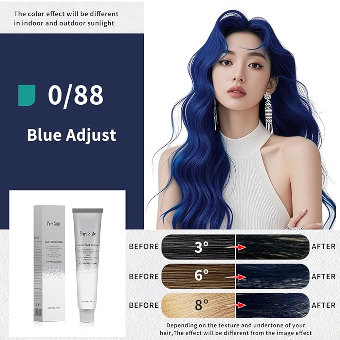 PureStyle 100g Professional Permanent Hair Color Dye Cream Ammonia Free, Long Lasting Blue Color, Natural Shine, For All Hair Types Easy At Home Application (0/88 Blue)