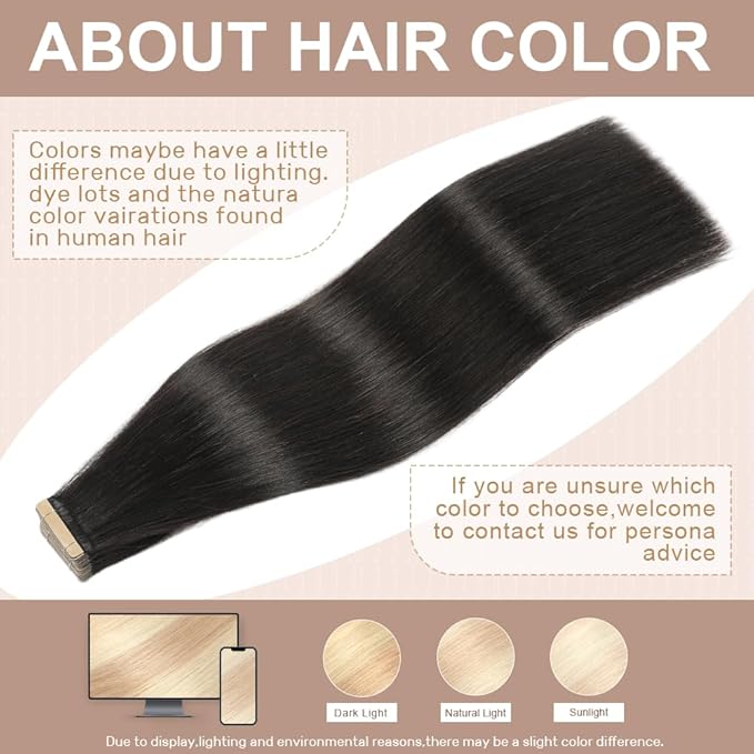 Tape in Hair Extensions Real Human Hair 24 Inch Natural Black Tape for Skin Weft Hair Extension Invisible Tape in Hair Extensions Straight Remy Human Hair for Women 20pcs