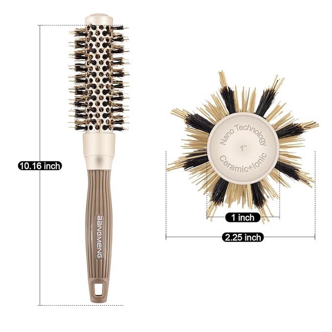 Round Brush with Boar Bristles, 1 inch Barrel, Nano Thermal Ceramic Ionic Tech for Straightening and Blow Drying, Gold