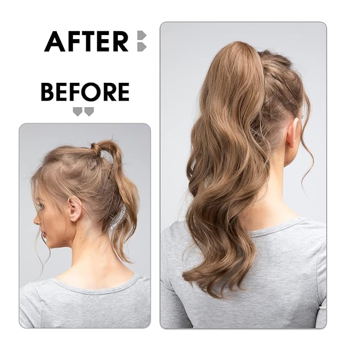 CJL HAIR 18" Long Ponytail Hair Extension Wrap Around Pony Tail Clip in Curly Wavy Synthetic Fake Hairpiece for Women Ash Medium Brown/Ash Blonde