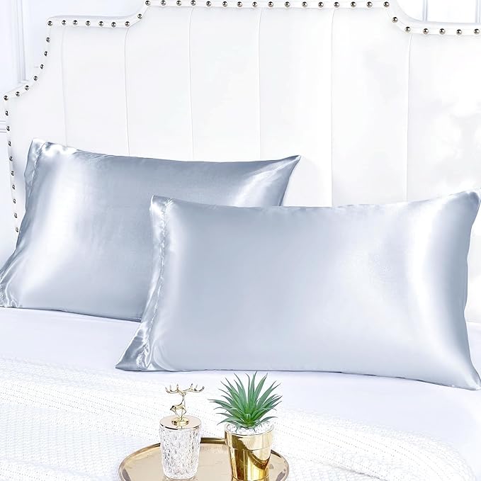 Satin Silk Pillowcase for Hair and Skin, Black Pillow Cases Standard Size Set of 4 Pack Super Soft Pillow Case with Zipper Closure (Silver, King (4 Pack))