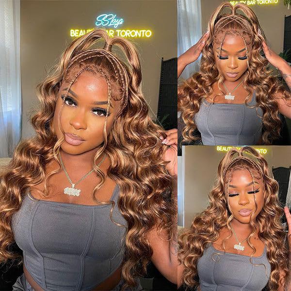 Honey Blonde Ombre 13x6 Lace Front Wig Human Hair 210 Density Highlight Body Wave Lace Front Wigs Human Hair Pre Plucked Glueless Lace Frontal Wig for Women 4/27 Colored 24Inch