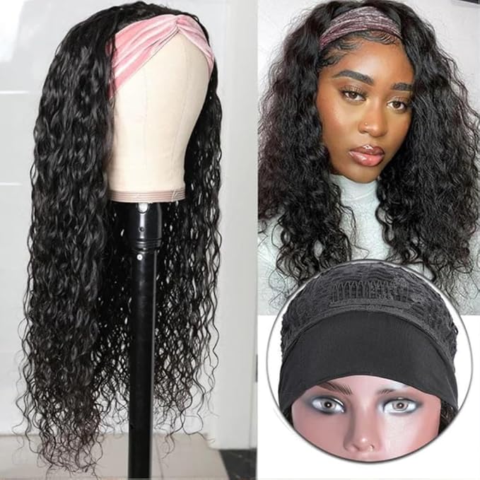 KLAIYI Headband Human Hair Wig Water Wave Curly Non Lace Front Wigs for Black Women Deep Wave Glueless Wear and Go Half Wig with Band 30S Ready to Go Beginner Friendly 180% Density Full Natural 26Inch