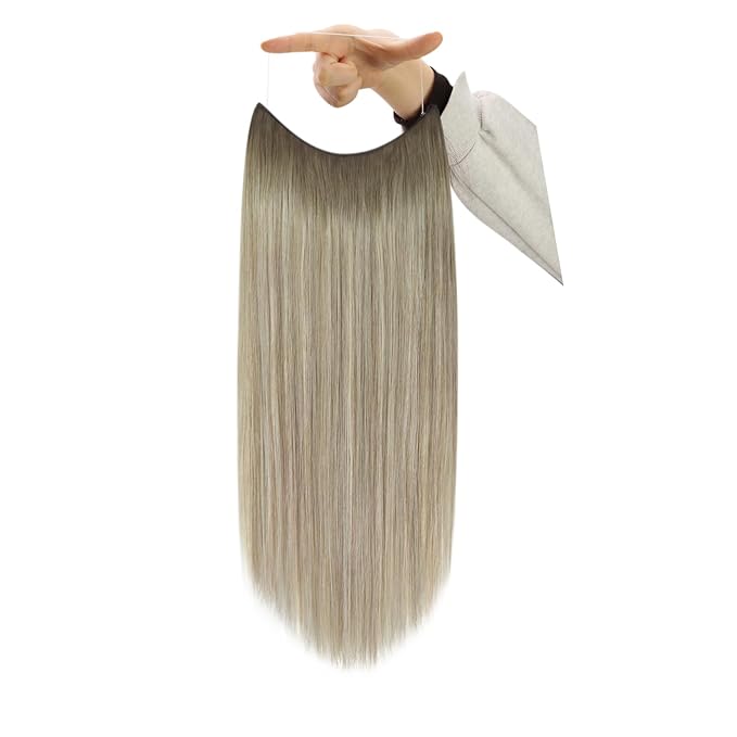 YoungSee 135G Wire Hair Extensions Ombre Blonde Invisible Wire Human Hair Extensions Ash Blonde to Platinum Human Hair Fish Line Extensions Long Straight Hair 24Inch