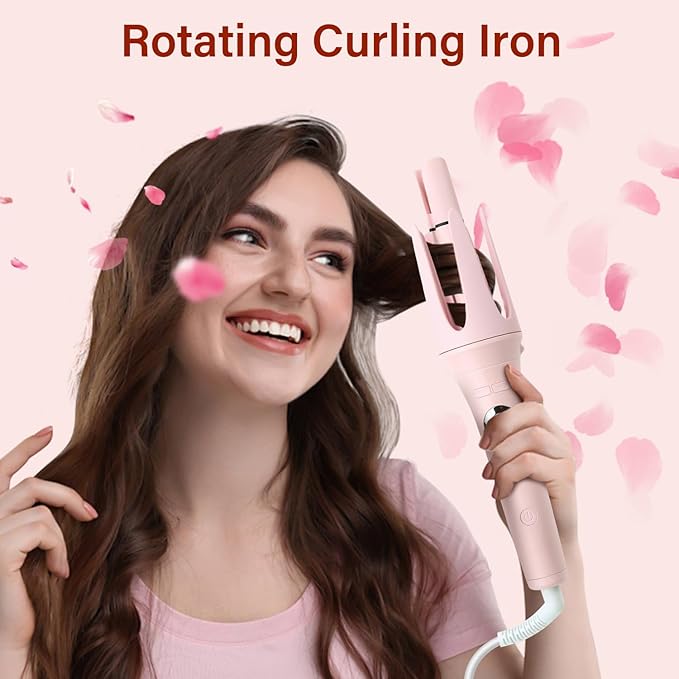 JAMIEWIN 3 in 1 Automatic Curling Iron, Hair Curlers with 3 Curling Barrels (1.1" - 1.26" - 1.57"), Rotating Curling Iron with 3 Temp, 2-Way Rotation, 10S Fast Heating, Anti-Scald, Dual Voltage, Pink