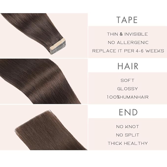 Tape in Hair Extensions Human Hair, 20pcs 16 Inch Darkst Brown Remy Hair Extensions Straight Human Hair Tape in Extensions Skin Weft Tape Extensions Human Hair (2#,16 Inch)