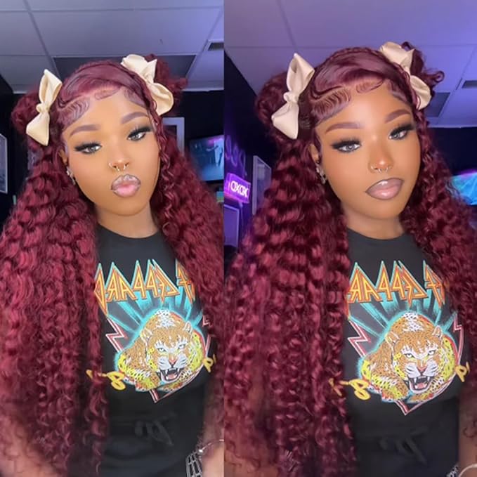 26 Inch 99J Burgundy Deep Wave Lace Front Wigs Human Hair 200% 13x6 Lace Front Wigs Human Hair Glueless HD Lace Frontal Wigs for Women