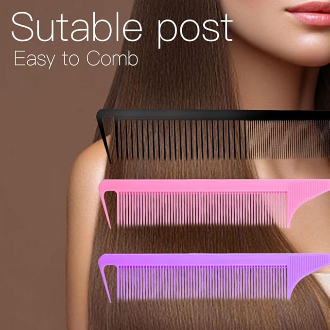 3-in-1 Rat Tail & Styling Combs - Carbon Fiber Teasing & Stainless Steel Pintail for Women & Men - Fine Teeth Salon Hairdressing Tools (Black, Pink, Purple)