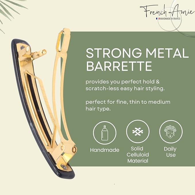 French Amie Small 2 1/4 inch Celluloid Handmade Hair Barrette No Slip Grip Durable Styling Women Hair Accessories Hair Clip for Girls, Made in France(Black)