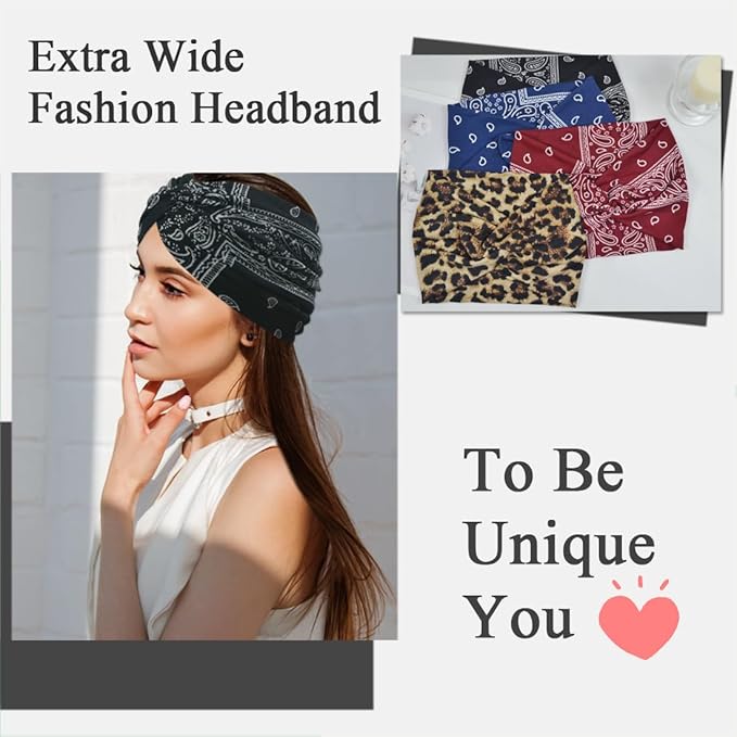 Boho Extra Wide Headbands For Women 7'' Large Headband Twist Head Bands Women's Hair Band Stretchy Turban Styling Accessories 8 Pack