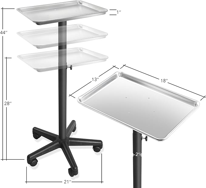 Saloniture Set of 3 - Aluminum Salon Instrument Tray, Heavy-Duty Metal Rolling Base