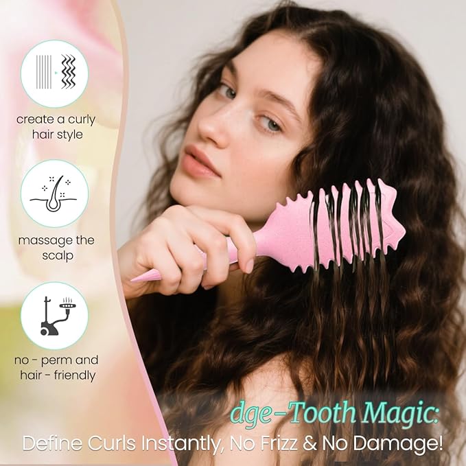 Curly Hair Brush Boar Bristles Curl Defining Brush With 2 Psc Silk Scrunchies Detangling Brush For Curly Hair Detangling Brush Styling Comb Curling Curling Brush (Pink)