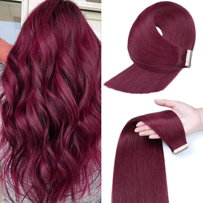 Tape in Hair Extensions Real Human Hair 24 Inch 99J Red Wine Burgundy Tape for Skin Weft Hair Extension Invisible Tape in Hair Extensions Straight Remy Human Hair for Women 20pcs