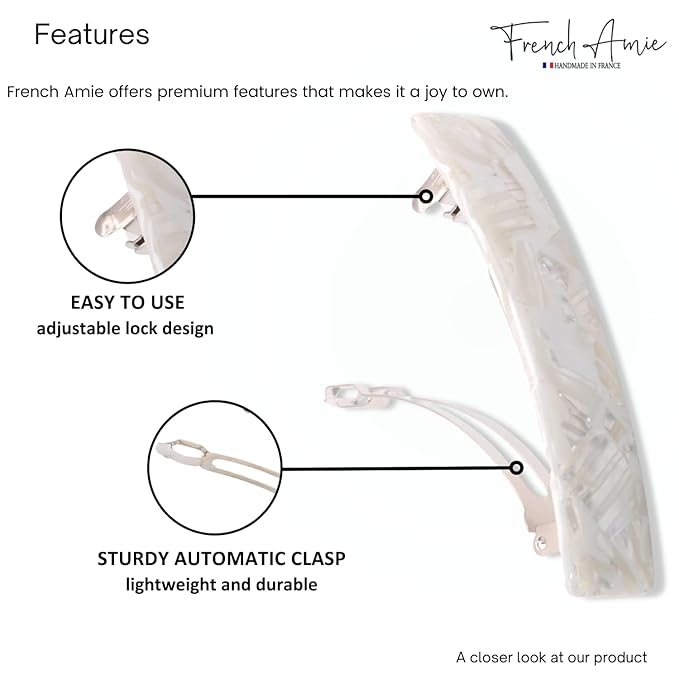 French Amie Oblong 3.5" Celluloid Handmade No Slip Hair Clip Barrette for Women, Made in France (Frost White)