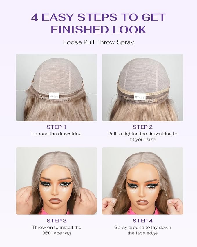 Hidden Strap Milk Tea Ash Blonde Wig Human Hair Body Wave 360 Lace Front Wig Human Hair Ombre Glueless Wigs Pre Bleached Bleached Knots 180% Density Drawstring HD Full Lace Wigs 28Inch