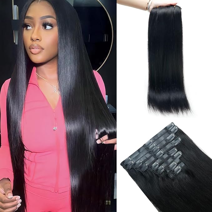Straight Clip in Hair Extensions Real Human Hair 2 Pack 240g Seamless Clip in Hair Extensions for Women Full Max with 16Pcs PU Skin Weft 22inch Natural Black