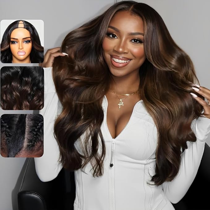 KLAIYI Ombre Brown V Part Wig Body Wave Human Hair Upgrade U Part Wig with Dark Roots Glueless Chestnut Brown Clip in Half Wig No Glue No Leave Out Beginner Wigs for Women Wear and Go Wig 150% 24Inch