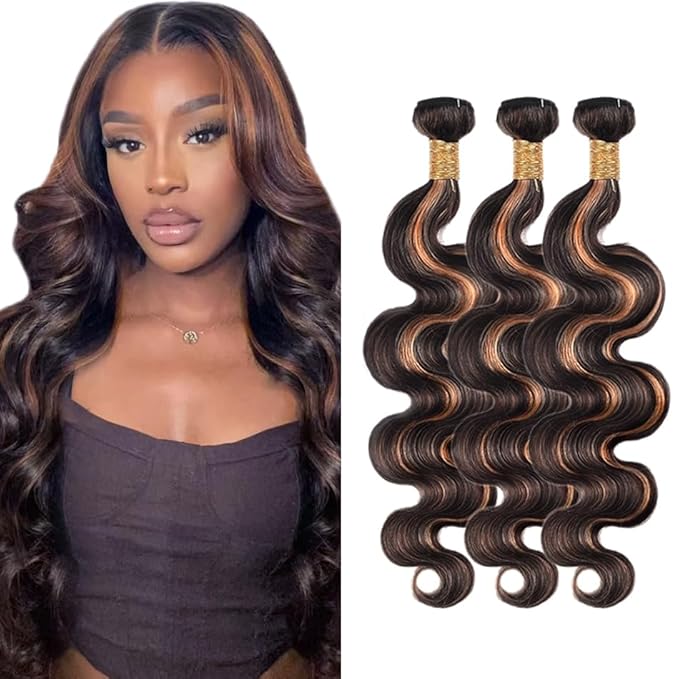 Highlight Bundles Human Hair Light Brown Body Wave Bundle Niegmeag Brazilian Virgin Remy Hair 3 Bundles 18 20 22 Inch Double Weft 2 Tone Black and Light Brown Bundle P1B30 Color