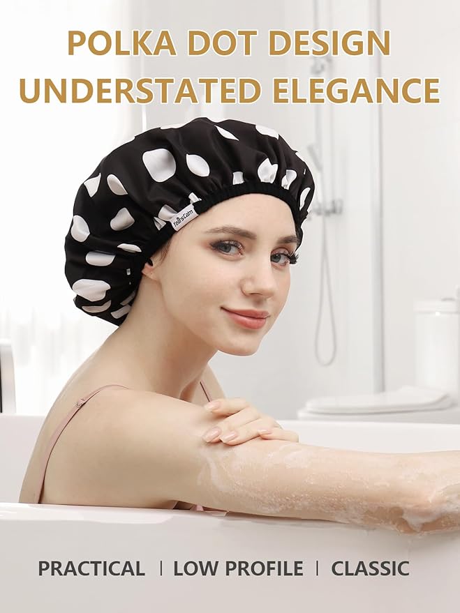 Years Calm Shower Caps For Women Reusable Waterproof，Pattern And Solid Color Dual-Layer Design For Dual-Layer Usable，Protects Hair In Shower, Spa, Cooking, Clean & Travel (Black, One Size)