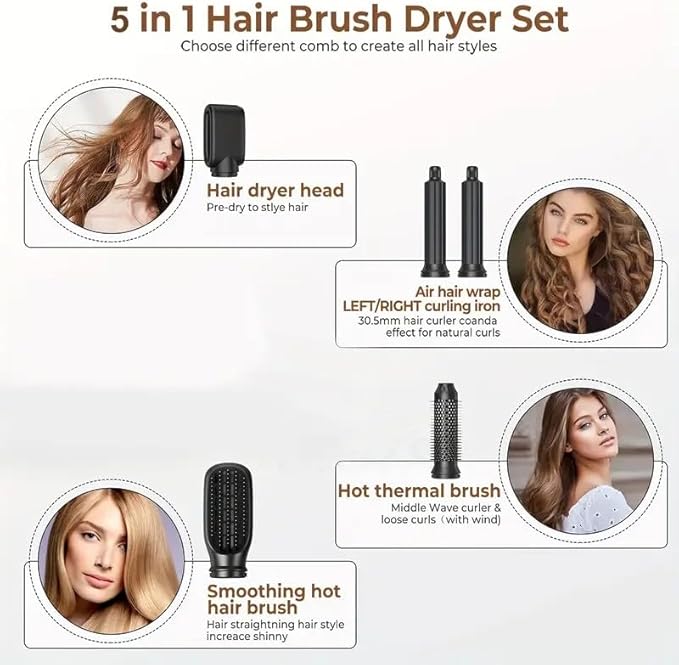 5 in 1 Hair Dryer Brush -Ionic Auto Wrap Curler & Straightener with 3 Heat Settings, Magic Hair Styler Salon-Grade Results for Women, Travel-Friendly Styler with ALCI Plug (Black)