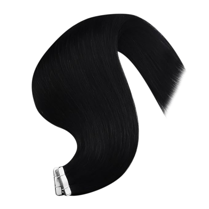 YoungSee Human Hair Tape in Extensions Black Invisible Tape in Hair Extensions Human Hair 20 Inch Jet Black 20pcs Tape ins Human Hair Long Tape-in Extension Real Human Hair for Daily