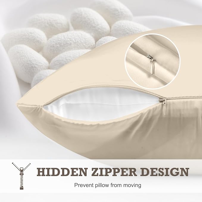 100% Mulberry Silk Pillowcase 2 Pack,Queen Size Silk Pillow Cases for Hair and Skin,Silky Smooth Bed Pillow Cover with Hidden Zipper,Natural Silk Pillow Case Set of 2 (Beige, Queen 20X30)