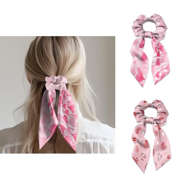 2 Piece Heart Print Ribbon Bow Elastic Hair Ties for Women Trendy Knotted Bow Valentine's Day Hair Scrunchies Soft Scarf Scrunchy with Flowing Tails
