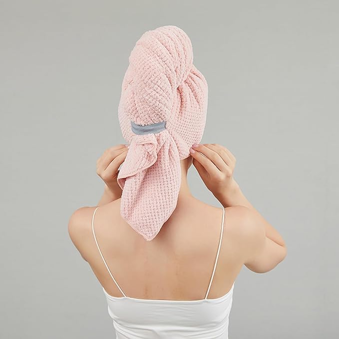 Women Microfiber Hair Towel Wrap with Elastic Strap,Super Absorbent Anti Frizz Drying Turban for Curly, Long,Wet Hair-Pink