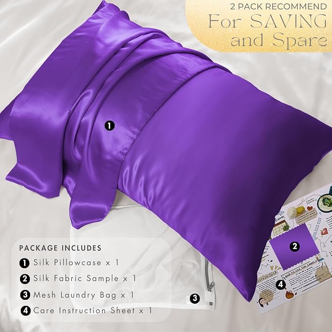 PROMEED Upgraded Grade 6A+ Purple Silk Pillowcase with Zipper, 23 Momme Natural Mulberry Silk Pillow Cases for Hair and Skin - Easy Care with Laundry Bag (Standard 20"x26", Purple)
