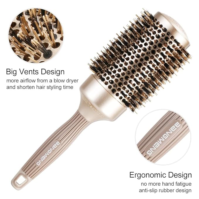 Round Barrel Anti-Static Hair Brush with Boar Bristles, Nano Thermal Ceramic Ionic Tech | For Extra Shine | Protect Hair, Enhance Texture, For Straightening & Drying (2inch)