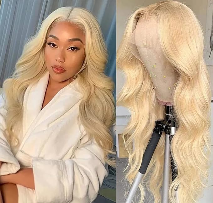613 Blonde Human Hair Wigs 13X6 HD Transparent Lace Front Body Wave Wigs with Baby Hair for Black Women Pre Plucked Brazilian Virgin Hair Wig 180% Density 14 Inch