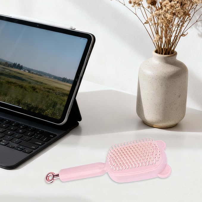 Retractable Air Cushion Massage Comb for Woman, Comfortable Self-Cleaning Detangling Hair Clean Brush with Pull Ring Anti-Static Comb for All Hair Types (Pink)