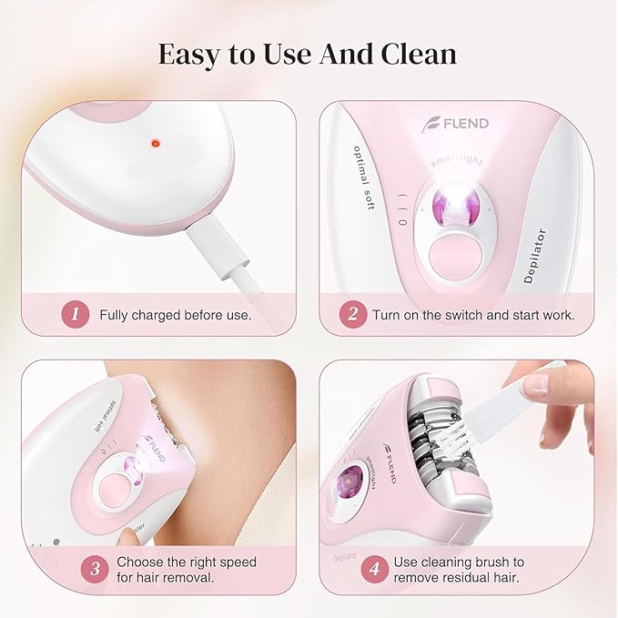 Smooth Glide Epilator for Women, 2 Speeds Facial Hair Removal Device with LED Light, 36 Tweezers & Massage Pad. Rechargeable Facial Hair Removal Epilator for Bikini, Arms, Legs, and Face