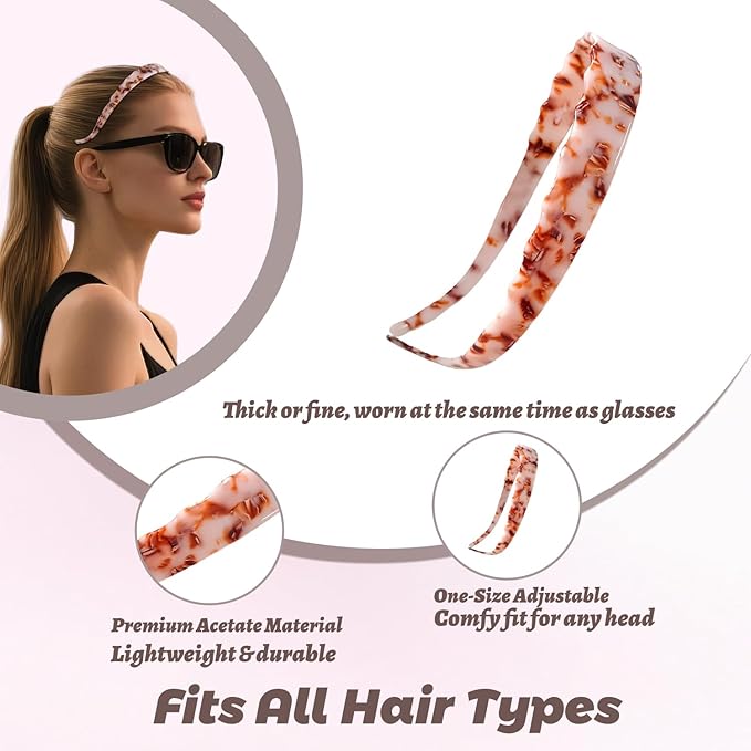 Acetate Hairbands for Women - Non-Slip Thin Headbands with Teeth, Eyewear-Friendly Design, 90s Retro Hair Accessories, No Pressure & No Headache Sunglasses Headband (Amber Brown)