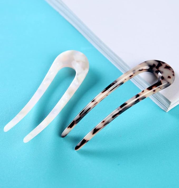 French Hair Pins Tortoise Shell French Hair Forks U Shaped French Pins 2 Prong Hair Sticks Acetate Chignon Pin for Women Hairstyle Accessories 2 Pack