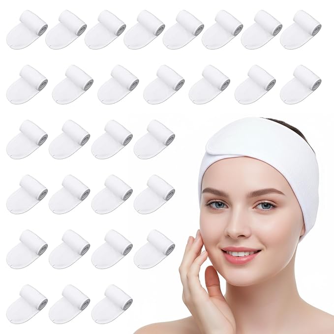 30 Pack Spa Headbands, Adjustable Terry Cloth Hair Wrap for Women, Facial Makeup Shower Sports Headband White