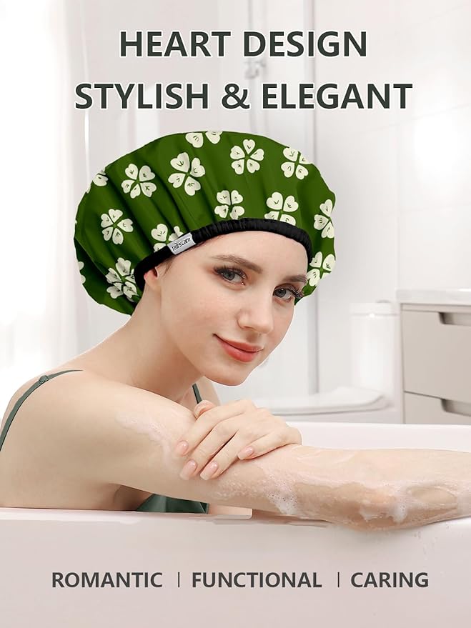 Years Calm Shower Caps For Women Reusable Waterproof，Pattern And Solid Color Dual-Layer Design For Dual-Layer Usable，Protects Hair In Shower, Spa, Cooking, Clean & Travel (Green, One Size)