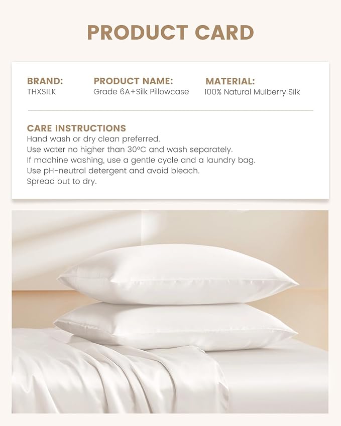 THXSILK 100% Pure Mulberry Silk Pillowcase for Hair and Skin, Highest 6A+ Grade Pure Silk Pillow Case Standard Size, Real Silk Pillowcase with Concealed Zipper(White, Standard)