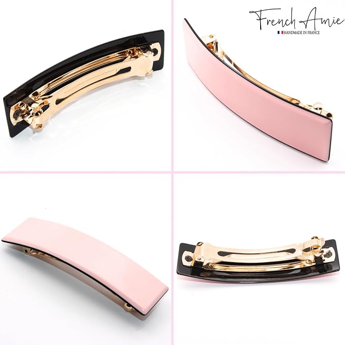 French Amie Fine 1" Wide Rectangular Celluloid Handmade Blush Pink Automatic Hair Barrettes for Women French Hair Clips