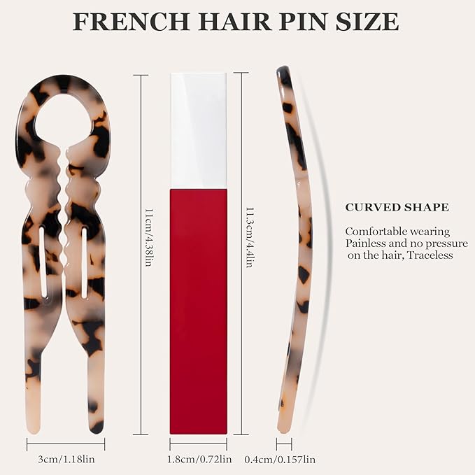 Sunolga 3pcs Prestige French Hair Pins for Women, 4.38" Large, Serrated Anti-Slip Design, Curved Shape for Better Head Fit, Coquette Elegant Hair Accessories for Updos, Chignon, Bun Hairstyles