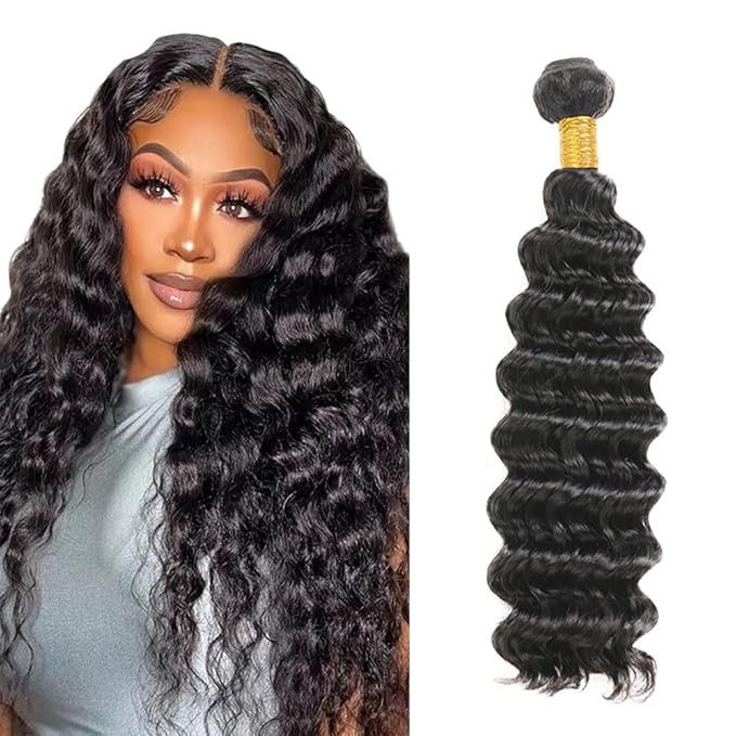34 Inch Bundles Human Hair Natural Black Deep Wave Bundles Niegmeag Peruvian Virgin Remy Hair Extensions Double Weft Soft and Silky Color 1B Deep Wave Bundle Hair Weave 100g