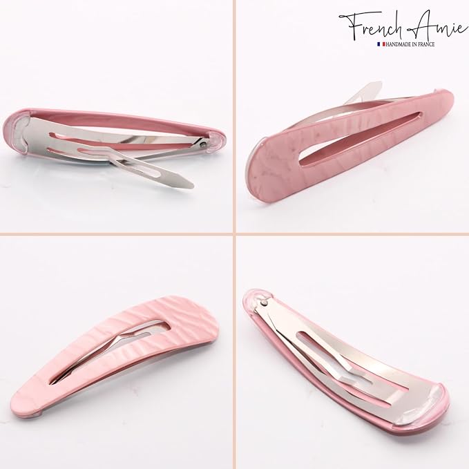 French Amie Clic Clac Large Handmade Celluloid Acetate Set of 2 Snap Hair Clips No Slip Side Slide-in Barrette for Women and Girls (Pearl Pink)