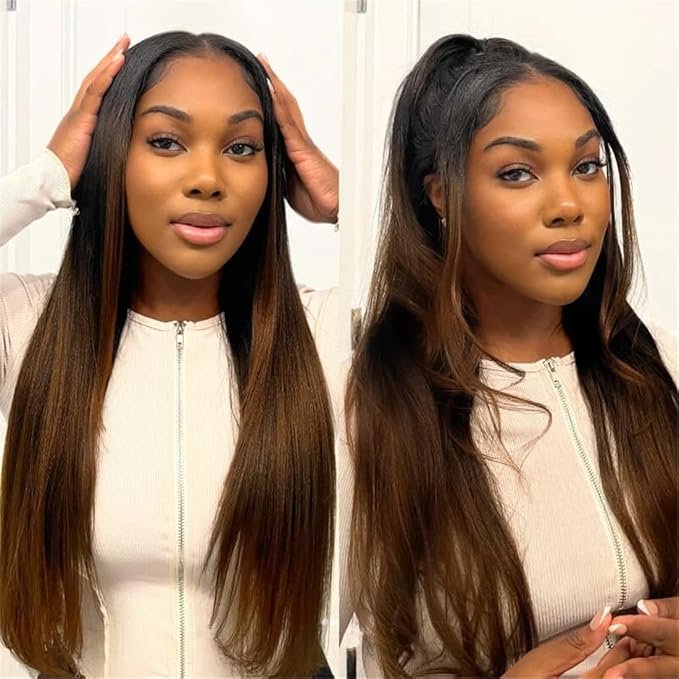 YIROO V Part Wig Human Hair No Leave Out Ombre Chestnut Brown Yaki Straight Glueless Human Hair Wig Upgrade U Part Wigs for Women V Shape Clip in Half Wig No Glue No Sew in Beginner Wig 26inch